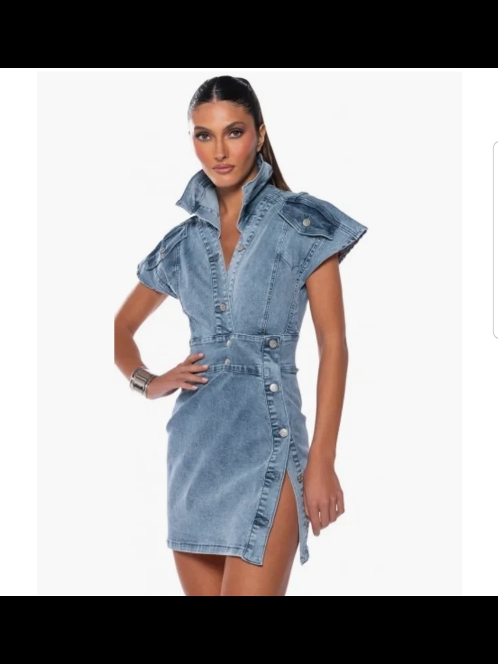 Akira Denim Blue Button-Front Mini Dress W/split